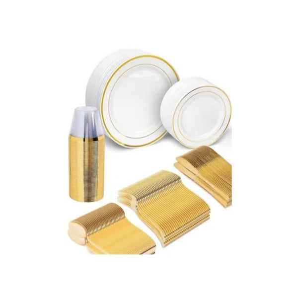330-Pc Gold Plastic Plates & Silverware Set