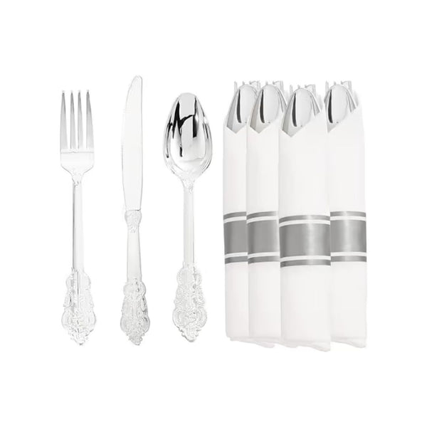 30 Pack Silver Plastic Silverware Set with Pre Rolled Napkins