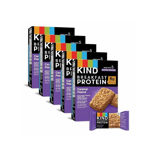 5 Boxes of 6 KIND Breakfast Protein Bars, Caramel Peanut