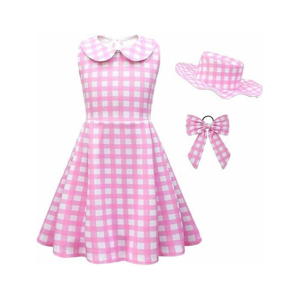 IMEKIS Kids Girls Pink Gingham Dress with Hat Costume