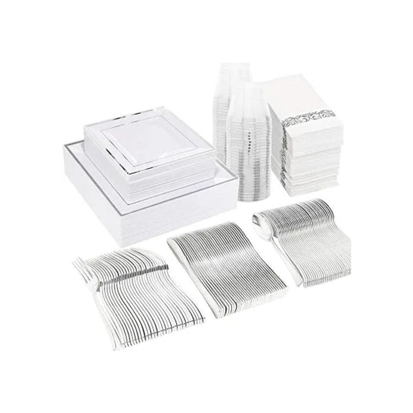 350-Pcs Silver Plastic Disposable Dinnerware Set