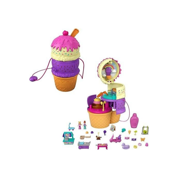 Polly Pocket 2-in-1 Travel Playset: Ice Cream Cone with Micro Polly & Lila Dolls & 25 Accessories