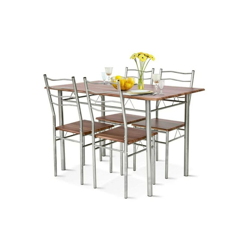 5 Piece Dining Table Set Wood Metal Kitchen Breakfast Furniture w/4 Chairs