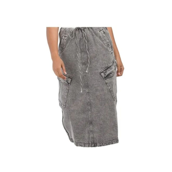 Acid Wash Denim Cargo Maxi Skirt