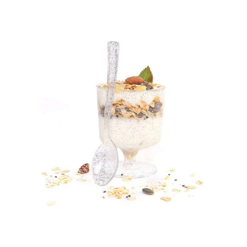 96 Pack 7oz Silver Glitter Large Plastic Dessert Cups With Spoons