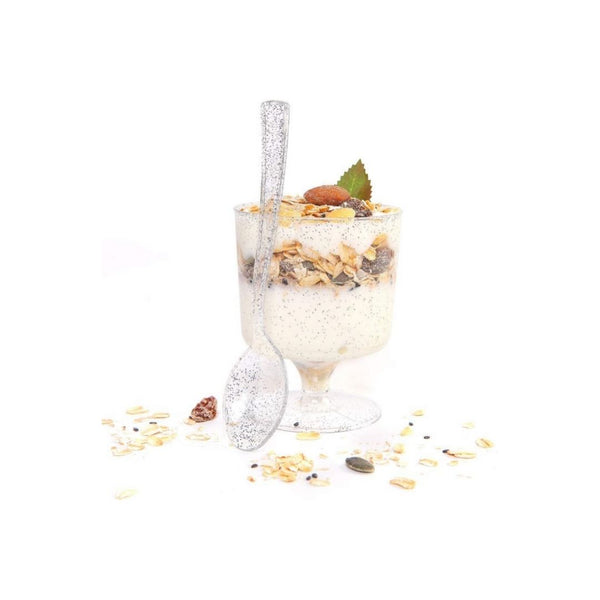 96 Pack 7oz Silver Glitter Large Plastic Dessert Cups With Spoons