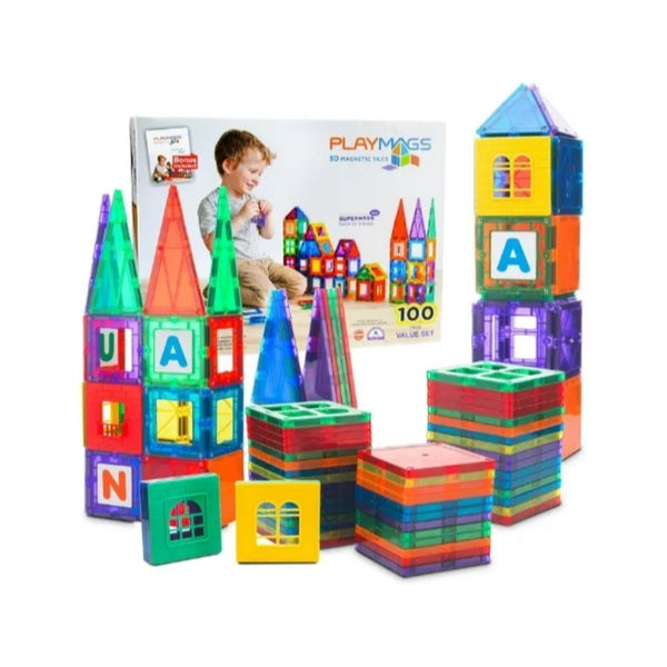 Playmags 100-Piece Magnetic Tiles Building Blocks Set