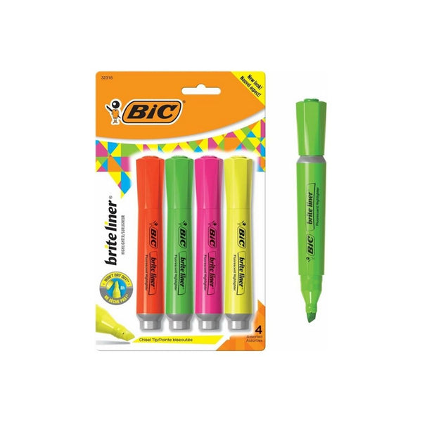 Pack of 4 BIC Brite Liner Highlighters with Rubber Grip, Chisel Tip, Assorted