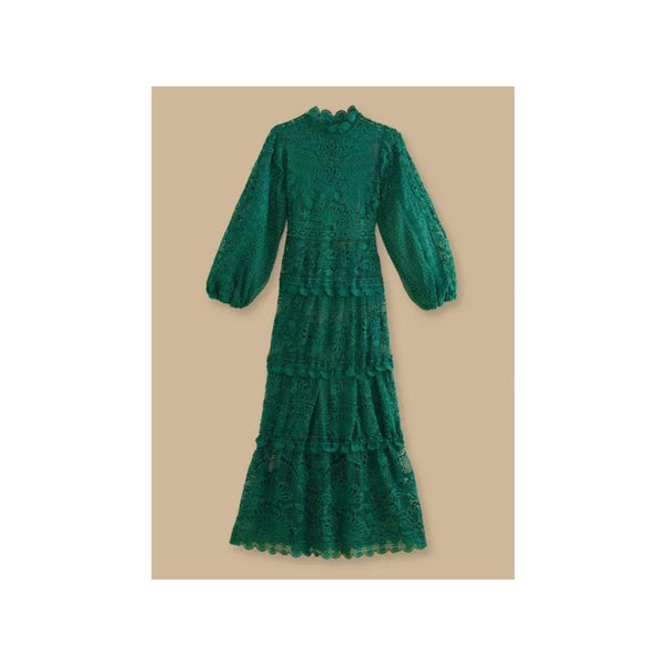 FARM Rio Dark Green Guipure Long Sleeve Maxi Dress