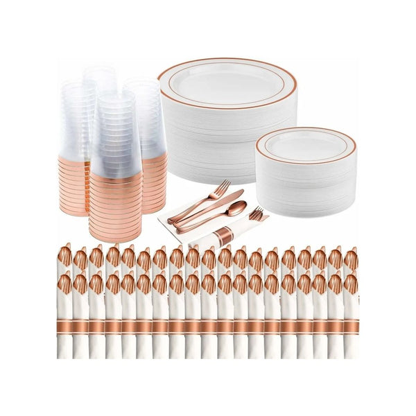 350 Pcs Plastic Disposable Dinnerware Set with Pre-Rolled Napkins and Cutlery