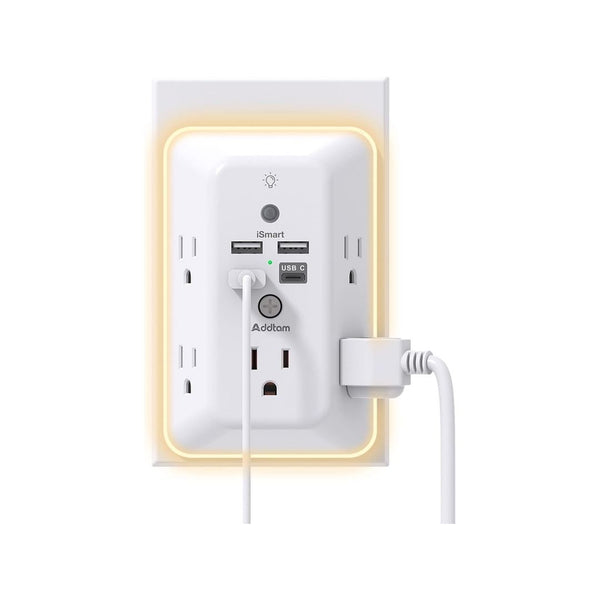 5-Outlet Addtam Surge Protector w/ USB-A, USB-C, & Night Light