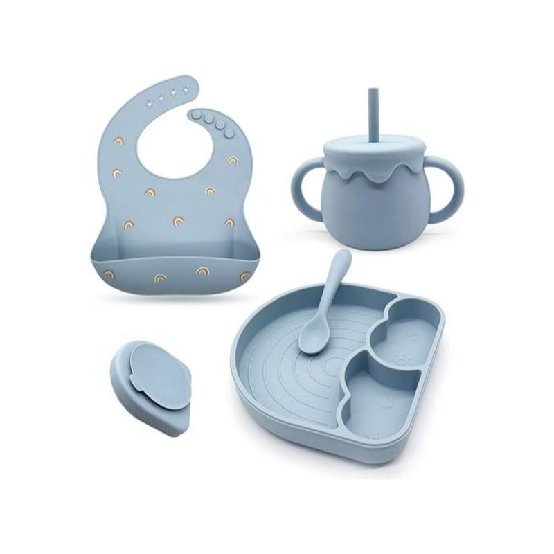 Baby Feeding Set: Divided Plate, Silicone Bib, Sippy Cup, and Spoon