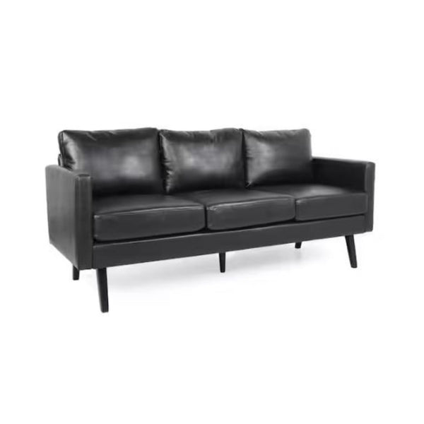 3-Seat Square Arm Faux Leather Straight Cognac Brown Black Sofa