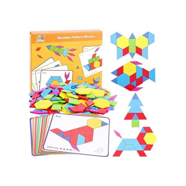 150-Pc Wooden Geometric Pattern Blocks with Card Puzzles