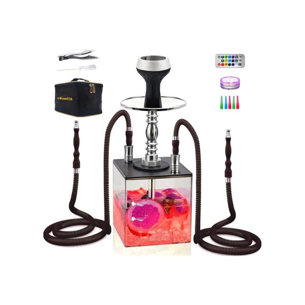 2-Hose Acrylic Cube Hookah Set with LED & Accessories