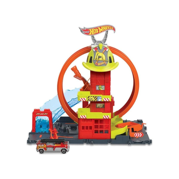 Hot Wheels Toy Car Track Set City Super Loop Fire Station & 1:64 Scale Firetruck