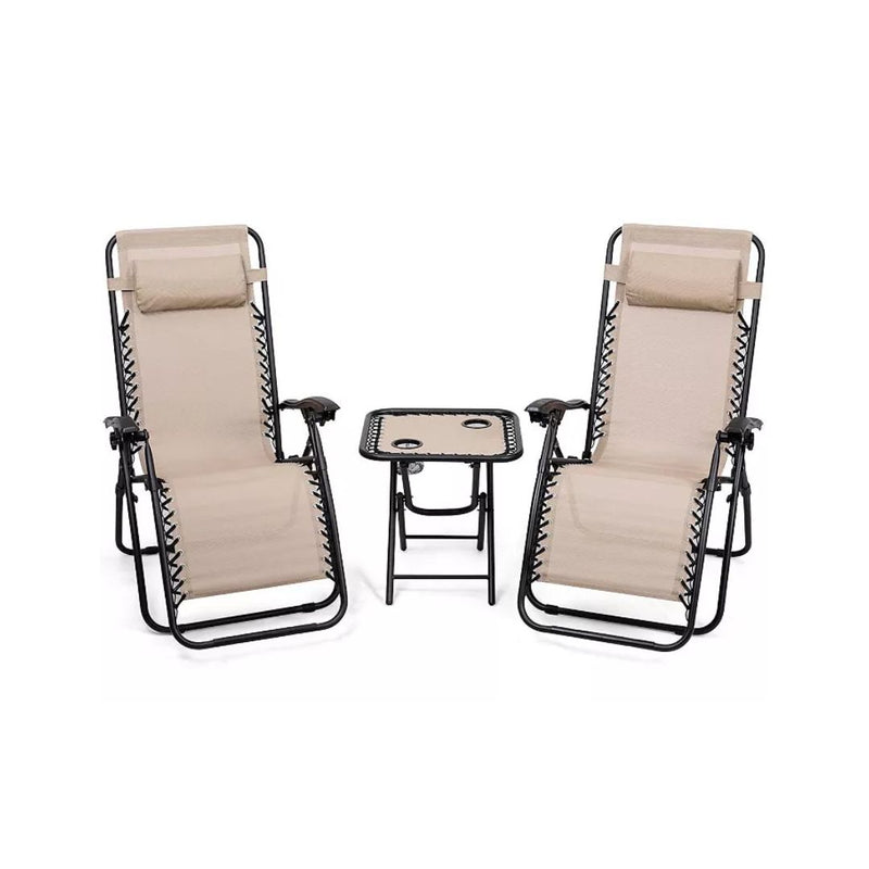 3 Pieces Folding Portable Zero Gravity Reclining Lounge Chairs Table Set