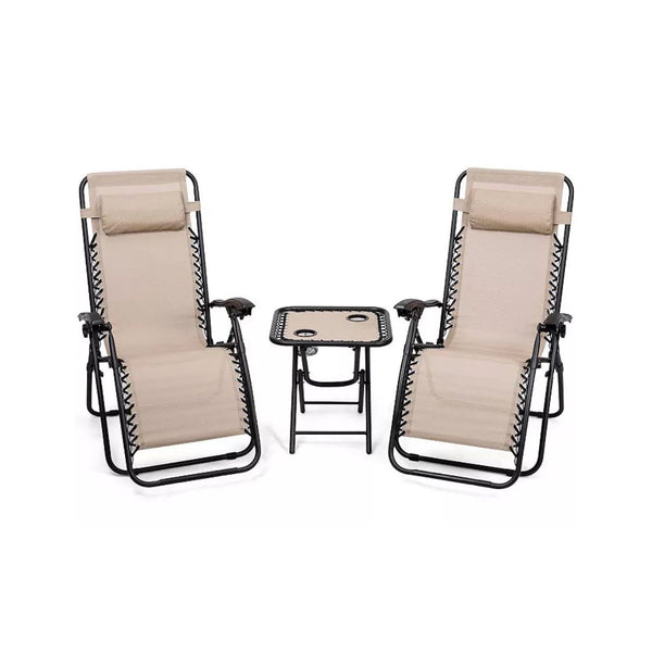 3 Pieces Folding Portable Zero Gravity Reclining Lounge Chairs Table Set
