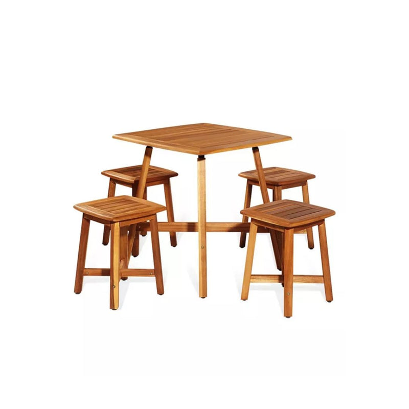 5 Pieces Wood Patio Dining Set with Square Table and 4 Stools