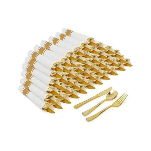50 Gold Wrapped Plastic Cutlery Set with Napkin