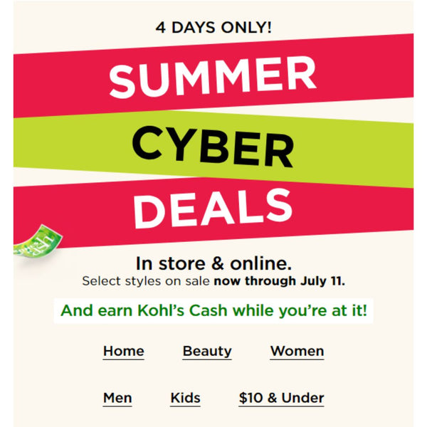 Kohl’s Summer Cyber Deal + Free Shipping No Minimum!