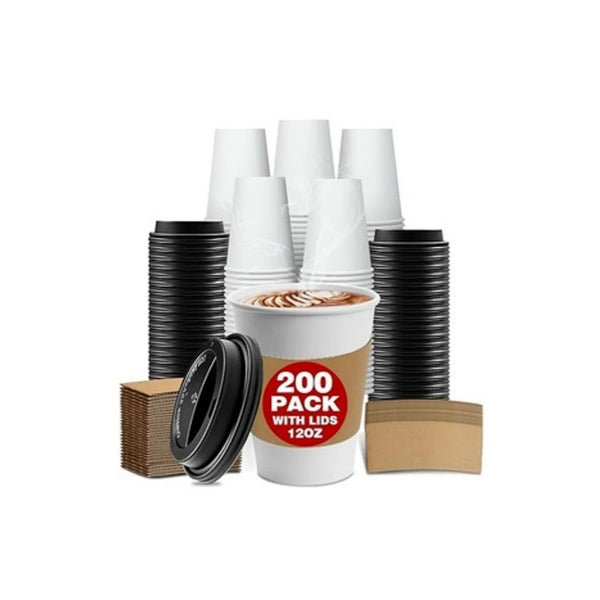 200-Pk 12 oz Thickened Disposable Paper Coffee Cups with Lids and Sleeves