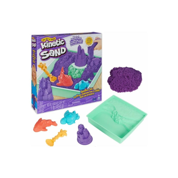 Kinetic Sand Sandbox Set, 1lb Purple Play Sand, Sandbox Storage, 4 Molds and Tools
