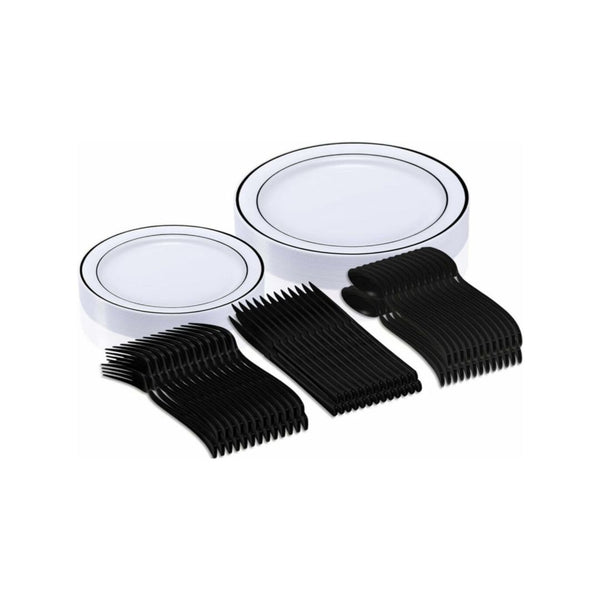 125 Pcs Black White Plastic Disposable Dinnerware Set (Service for 25)