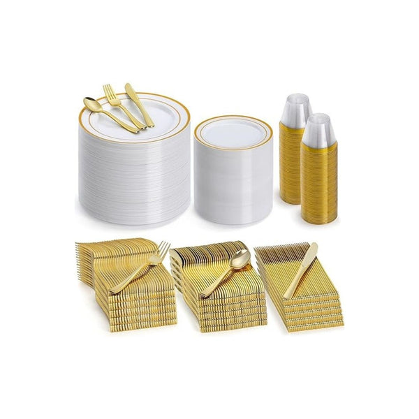 600 Pieces Gold Plastic Disposable Dinnerware Set (Service for 100)