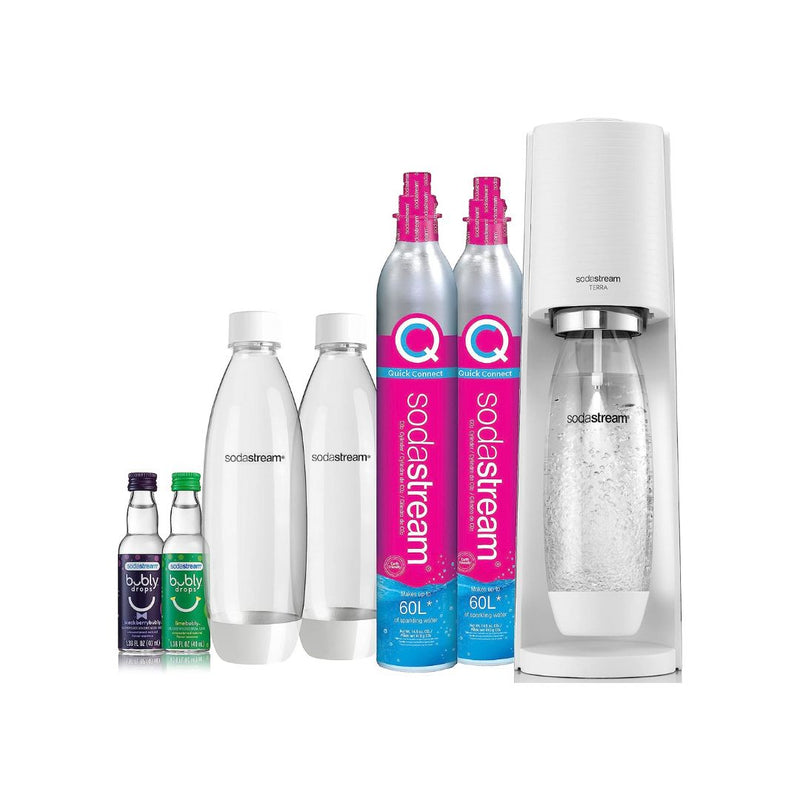 SodaStream Terra Sparkling Water Maker Bundle (White), with CO2, DWS Bottles, and Bubly Drops Flavors