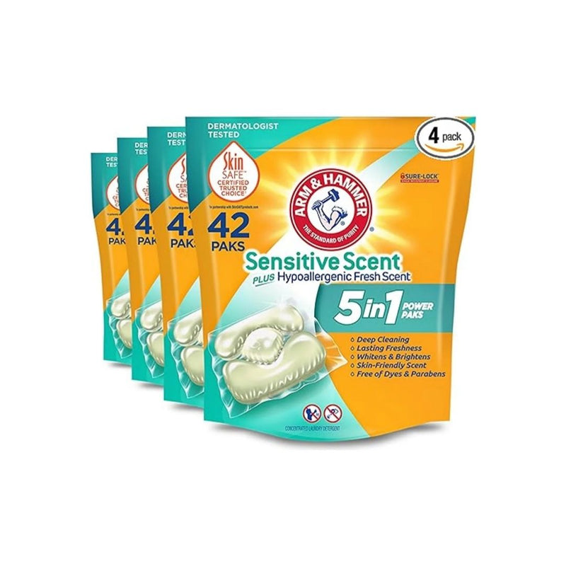 42 Count (Pack of 4) Arm & Hammer Sensitive Scent 5-in-1 Liquid Laundry Detergent Power Paks