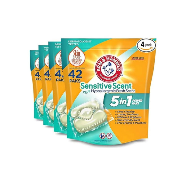 42 Count (Pack of 4) Arm & Hammer Sensitive Scent 5-in-1 Liquid Laundry Detergent Power Paks