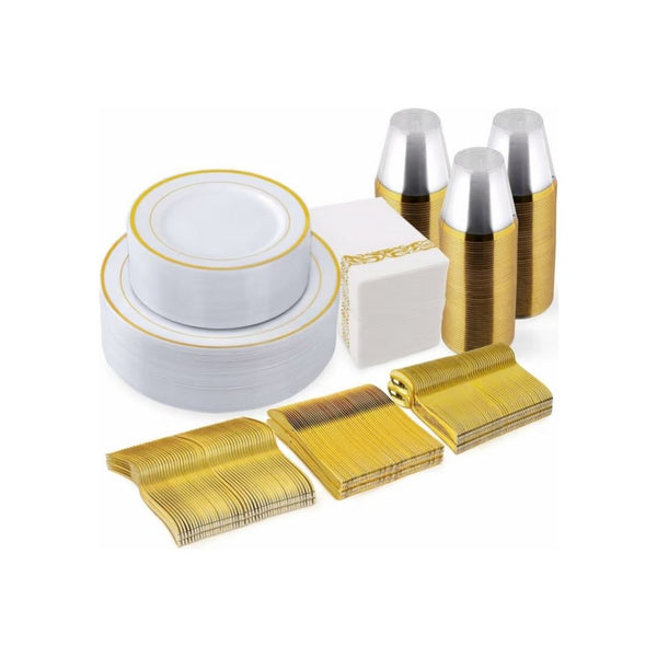 350 Pcs Gold Plastic Disposable Dinnerware Set (Service for 50)