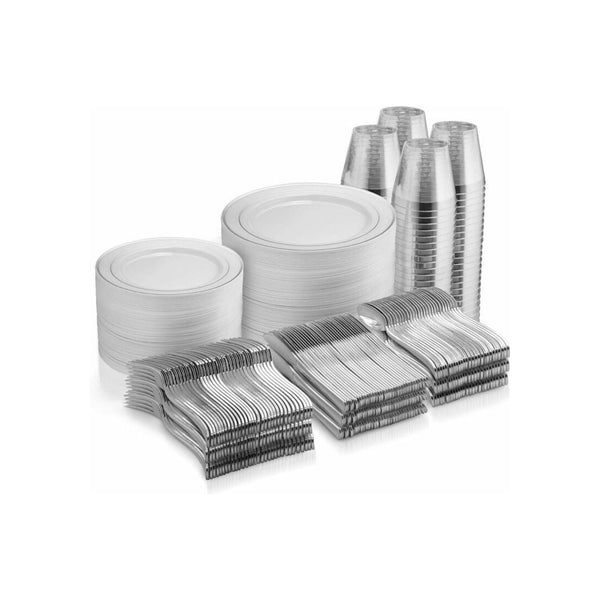 600 Piece Silver Plastic Disposable Dinnerware Set