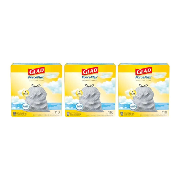 3 Boxes of Glad ForceFlex Tall Kitchen Drawstring Trash Bags, Fresh Clean Scent with Febreze (13 Gal, 110 Ct)
