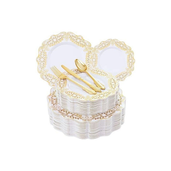 125 Pieces White and Gold Plastic Dinnerware Set