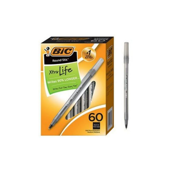 60-Count BIC Round Stic Xtra Life Ballpoint Pens, Black,