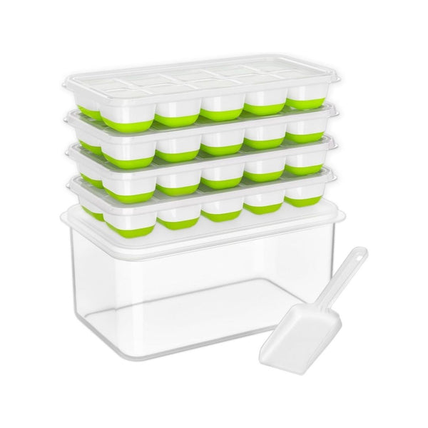 4 Pack Silicone Ice Cube Tray with Lid, Scoop and Bin