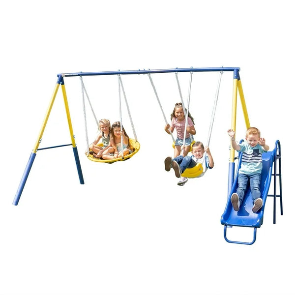 Metal Swing Set with 2 Swings, Saucer Swing and Heavy Duty Slide