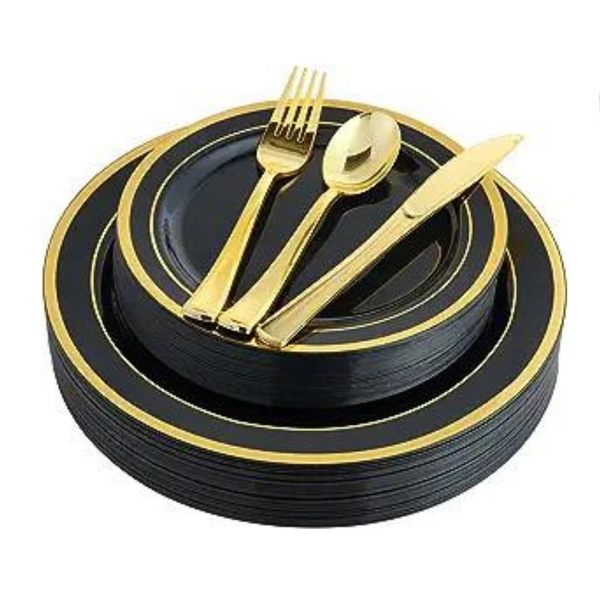125 Pcs Black & Gold Plastic Disposable Dinnerware Set