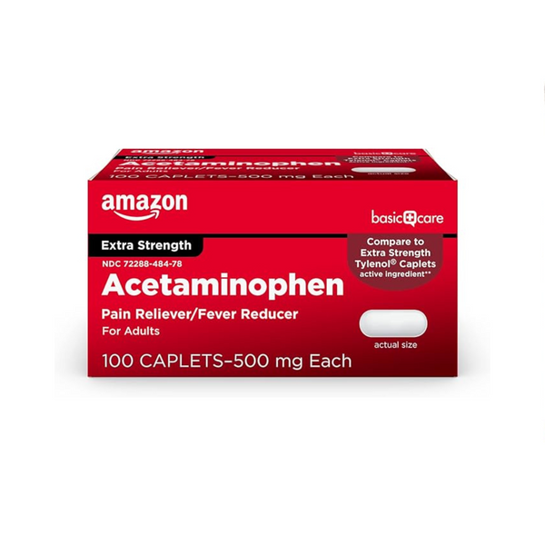 100 Count Amazon Basic Care Extra Strength Pain Relief, Acetaminophen Caplets, 500 mg
