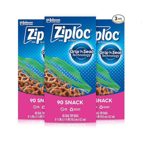 3 Packs of 90 Count Ziploc Snack Bags, Grip ‘n Seal Technology