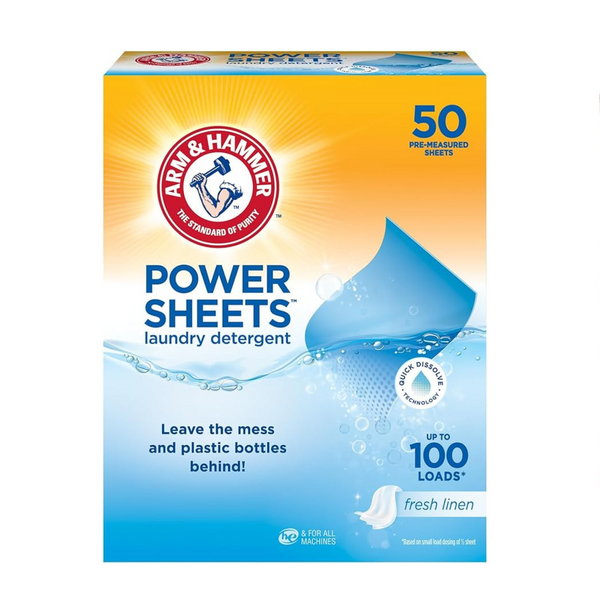 Arm & Hammer Power Sheets Laundry Detergent, Fresh Linen (50 Count, up to 100 Small Loads)
