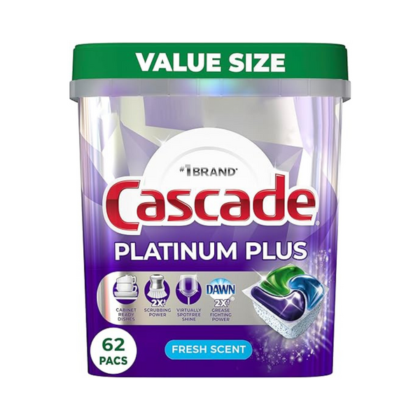 62 Count Cascade Platinum Plus ActionPacs Dishwasher Detergent Pods, Fresh