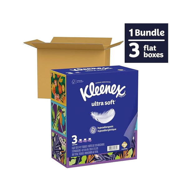 3 Boxes Of 120 Kleenex Soothing Ultra Soft Facial Tissues