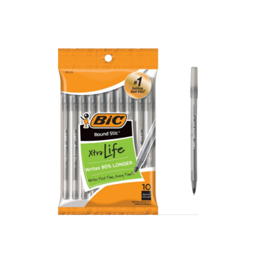 10-Count BIC Round Stic Xtra Life Ballpoint Pen, Black
