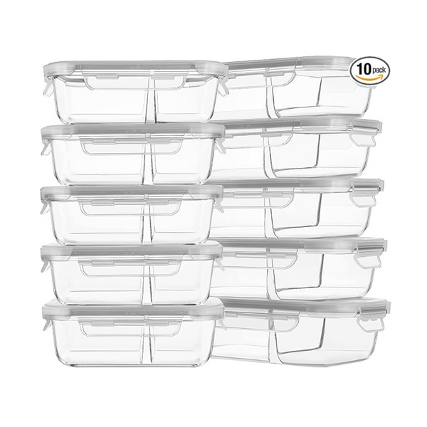 10-Pack Homberking 2 Compartment Glass Meal Prep Containers with Lids