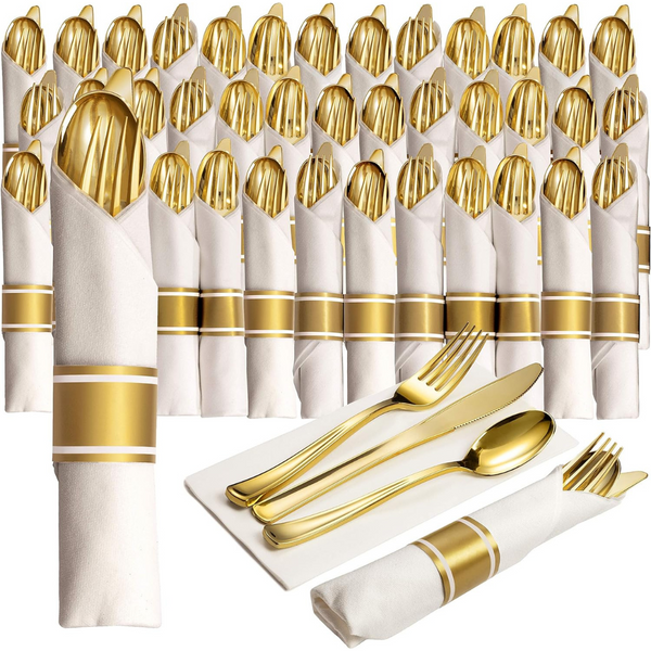 50 Pre Rolled Gold Plastic Silverware Sets (200 Pcs)