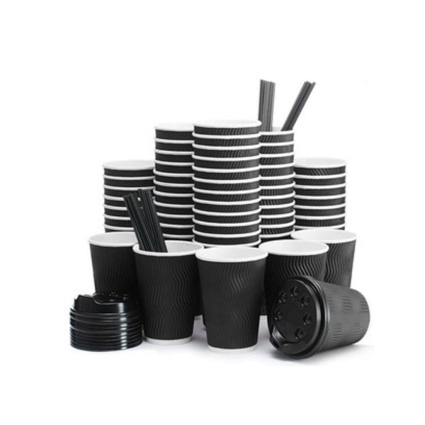 100-Packs Insulated Disposable Coffee Cups with Lids & Straws 12 oz