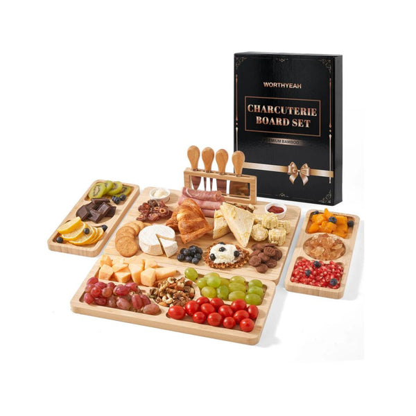 Bamboo Charcuterie Board Set with Knife and Bowl